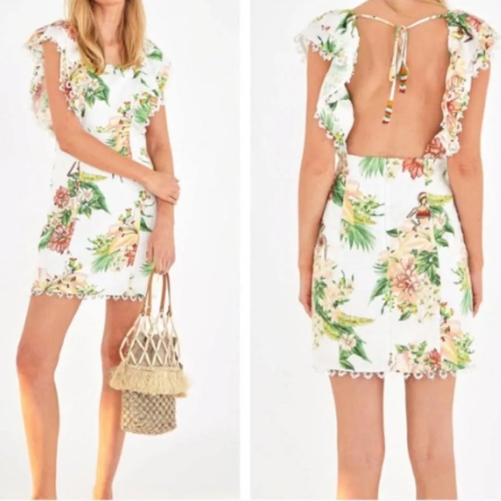 Farm Rio Tropical Floral Linen Mini Dress EUC
